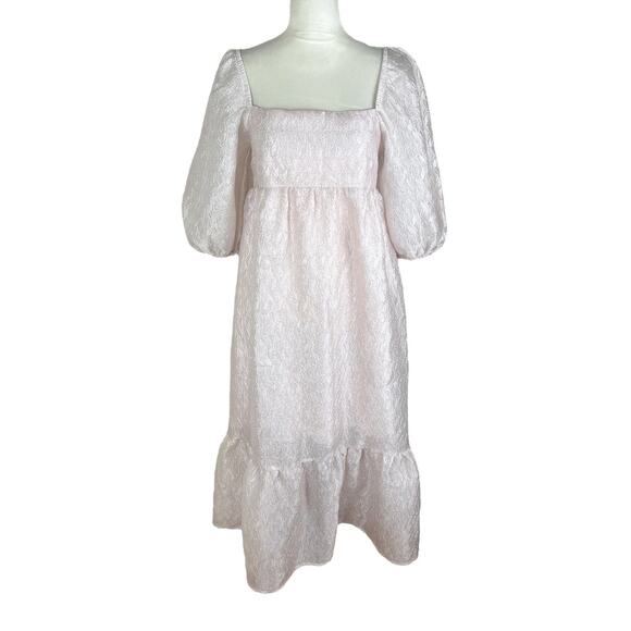 Anthropologie Textured Puff-Sleeve Midi Dress Light Pink Size Medium NEW - Picture 2 of 10